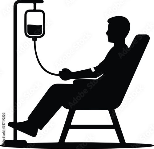 Silhouette man receiving intravenous blood transfusion in chair Vector illustration