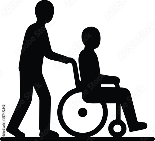 Silhouette man pushing wheelchair with disabled person vector illustration