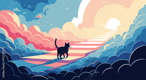 Black cat walking on stairs to heaven.  Peaceful feline silhouette ascends colorful stairway among clouds. Metaphorical concept of pet passing