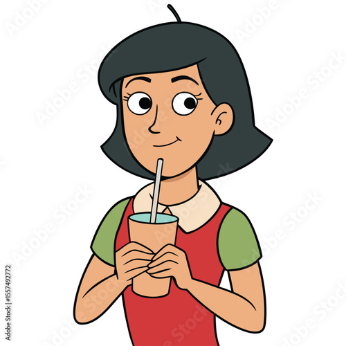 A woman sips juice through a straw, enjoying a refreshing drink on a plain white background.