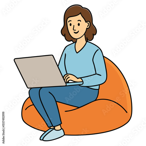 A woman sits on a beanbag chair working on a laptop, combining comfort with productivity on a plain background.