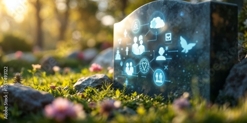 Smart grave with a glowing digital headstone displaying life data icons in a serene cemetery garden, blending technology, memory, and tribute in futuristic digital memorial innovation.