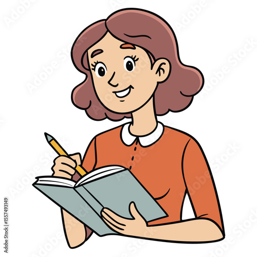 A woman sketches in a notebook, expressing her creativity and ideas on a clean white background.