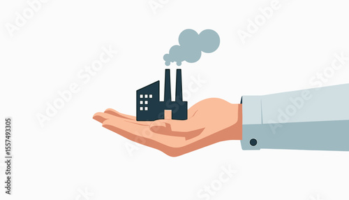 Invisible hand holding factory model, asset management concept