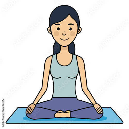 A woman sits on a yoga mat in meditation pose, finding peace and tranquility on a plain white background.
