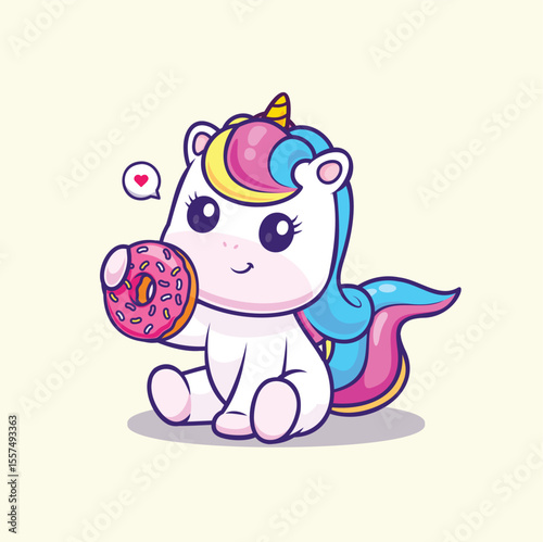 Adorable Unicorn Enjoying a Delicious Donut Cute Fantasy Creature Illustration