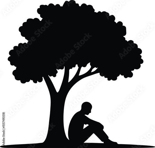 Silhouette man sitting under tree depression sadness lonely vector illustration