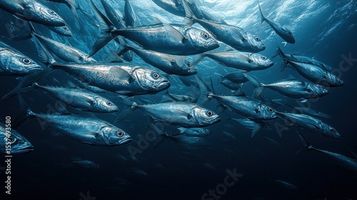 School of tuna fish in deep blue ocean