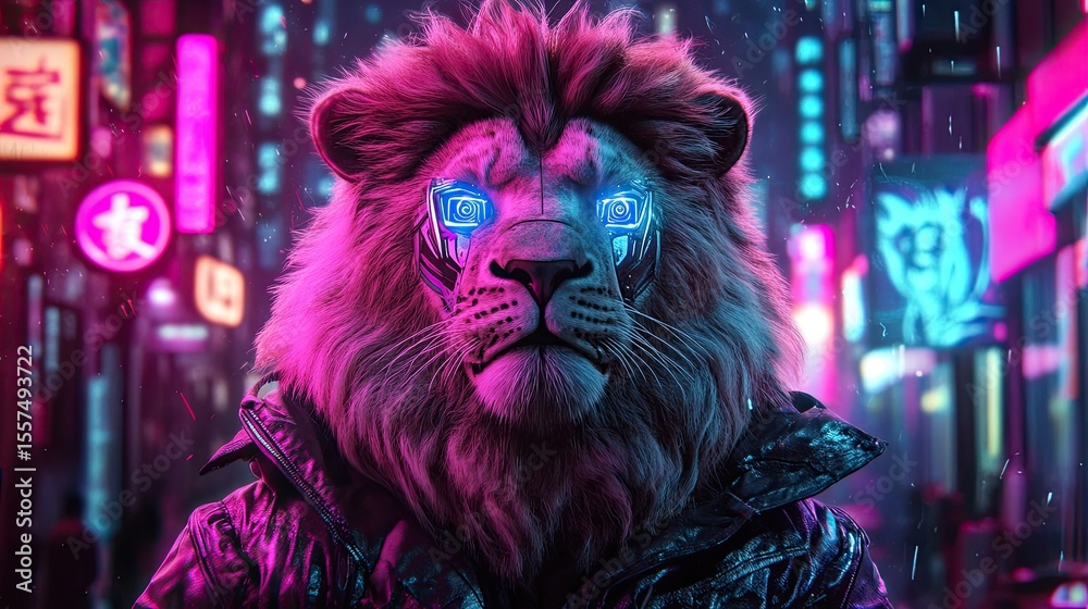 Fototapeta premium Cyber lion in a neon city