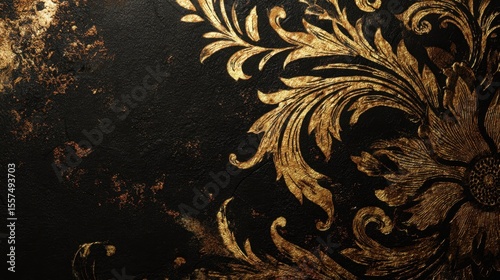 Golden floral damask pattern decorating a black grunge textured background