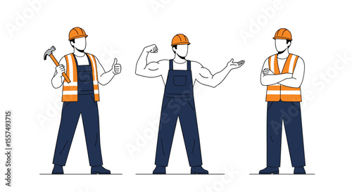Construction Workers Posing with Tools and Showing Strength on White Background Flat Design