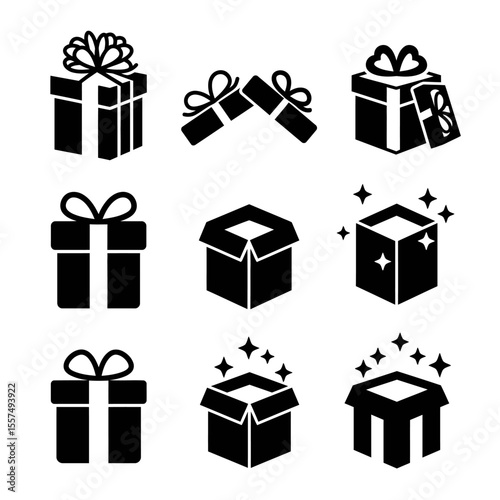 Gift box icons in minimal black and white, with ribbons and sparkle effects.

