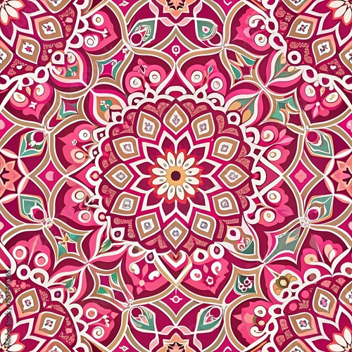 Elegant floral mandala with complex geometric motifs in pink and gold ideal for bohemian style designs and decorative art projects.