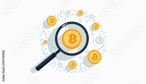 Magnifying glass analyzing Bitcoin coins on white background, digital finance