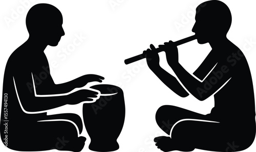 Silhouette musicians playing djembe drum and flute Vector illustration