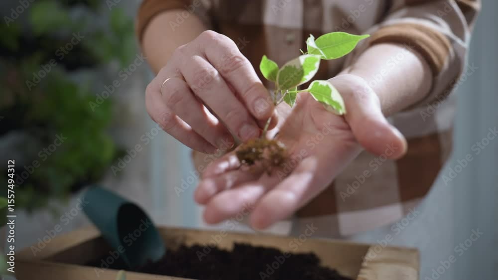 Hand view of nature devotee gently pulling out young plant with delicate roots from small green glass bottle above wooden planter filled with dark soil on indoor table under soft natural light