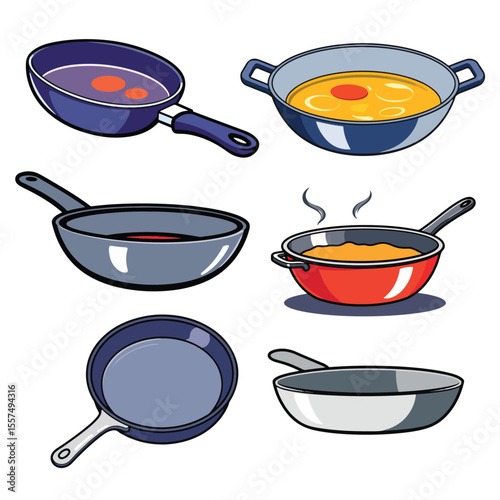 Vector art of a set of various frying pans isolated on white background