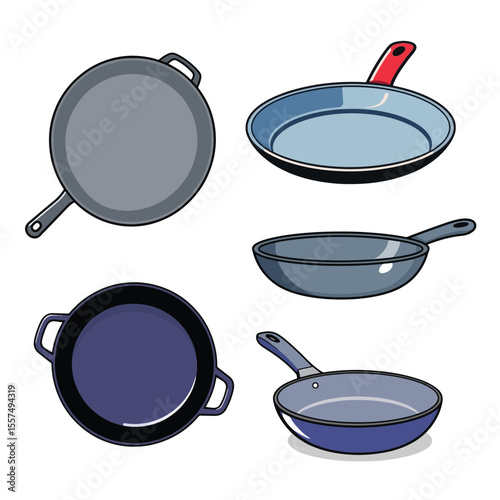 Vector art of a set of various frying pans isolated on white background, shown in different angles and colors, perfect for cooking illustrations
