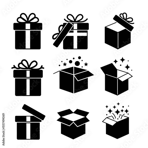 Gift box icons in minimal black and white, with ribbons and sparkle effects.

