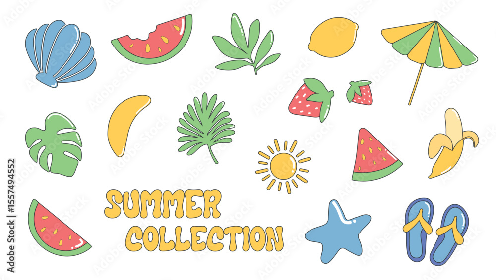 Obraz premium A collection of vector illustrations on the theme of summer, including fruits, marine elements, tropical leaves and beach attributes. It is ideal for creating summer designs, postcards, stickers. A se