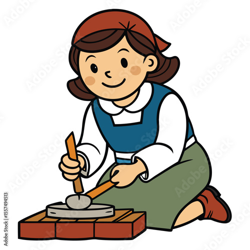 A woman whittling wood with precision, demonstrating a focused and careful crafting skill on a white background.