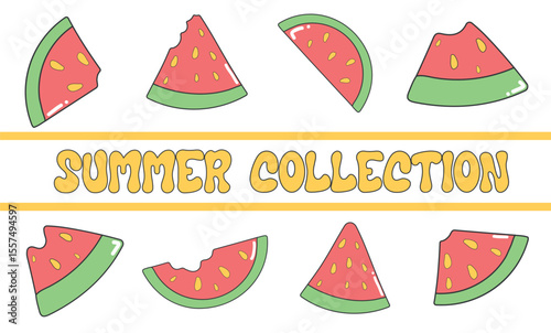 A set of vector illustrations with cartoon watermelon pieces for summer design. Illustrations with watermelons of different shapes and bites in vector format
