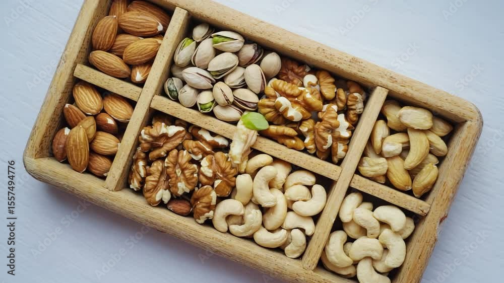Assorted nuts in wooden tray: almonds, cashews, pistachios, walnuts, healthy snack, protein rich