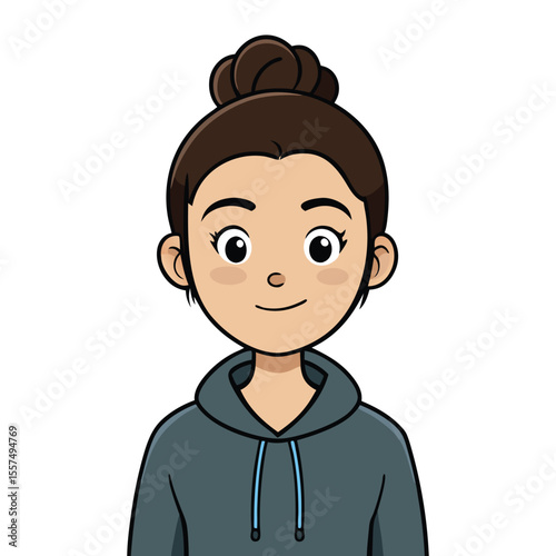A woman with a messy bun and casual hoodie, looking relaxed and comfortable on a clean white background.