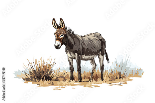 Donkey standing in a field farm isolated