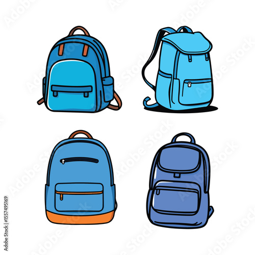 Vector art of four different blue backpacks are shown in a vector illustration isolated on white background