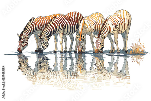 Group of zebra near the water source winter isolated