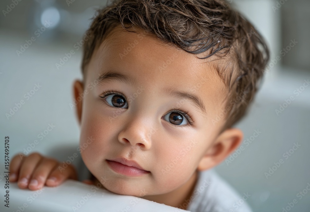a baby boy sitting in the bathtub with white bubbles, his head turned to face forward a baby boy sitting in the bathtub with white bubbles, his head turned to face forward