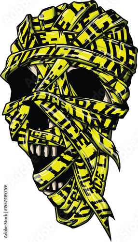 skull mummies with writing on the bandage