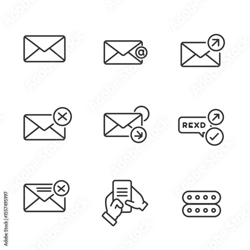 Minimal mail icon set including envelopes, open mail, inbox, outbox, paper plane, notification badge, email symbol, flat vector style, black and white, grid layout, UI and app design ready.

