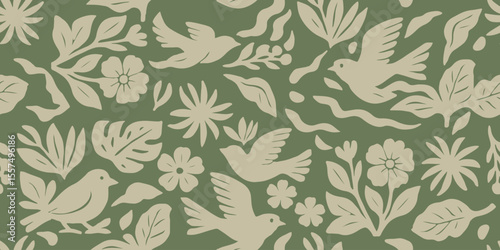 Hand drawn mixed ethno style ornament seamless pattern with birds. Abstract trendy monochrome print.