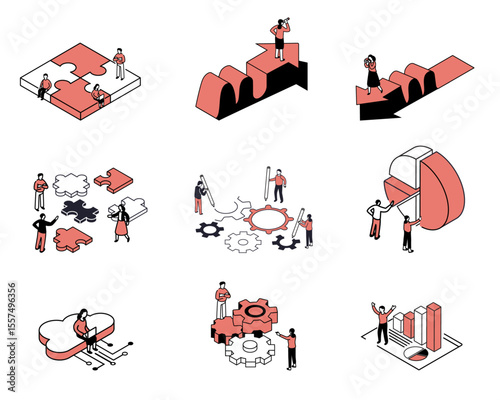 Isometric illustration set of Team Collaboration on Gear Mechanism Design and Puzzle ,Connecting Ideas , Rising Arrow 
