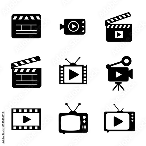 Minimal movie icons set featuring film reels, clapperboards, popcorn, 3D glasses, director chairs, and tickets — black and white line style, modern, flat vector design, suitable for UI or infographic 