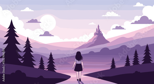 A lone figure walks towards a distant castle under a pastel sky in a pixel art landscape