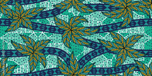 African ethnic traditional blue, green pattern. seamless beautiful Kitenge, chitenge, dutch wax style. fashion design in colorful. botanical abstract motif. floral Ankara prints, African wax prints.