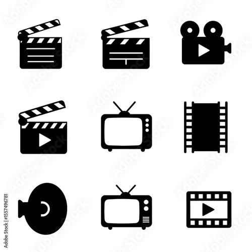 Minimal movie icons set featuring film reels, clapperboards, popcorn, 3D glasses, director chairs, and tickets — black and white line style, modern, flat vector design, suitable for UI or infographic 