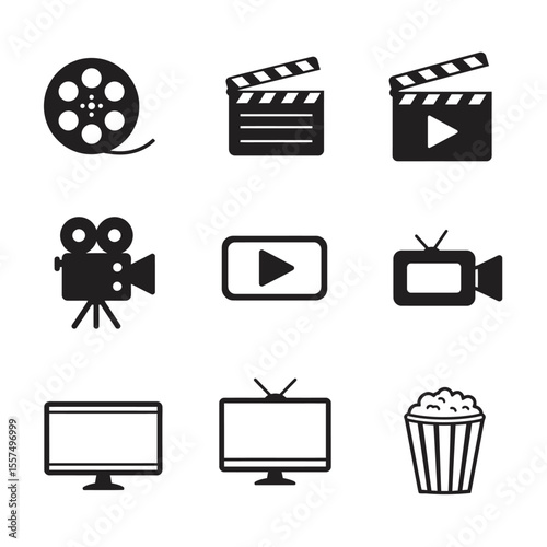 Minimal movie icons set featuring film reels, clapperboards, popcorn, 3D glasses, director chairs, and tickets — black and white line style, modern, flat vector design, suitable for UI or infographic 