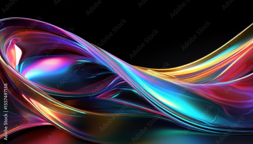 Naklejka premium abstract fluid iridescent holographic curved wave in motion colorful gradient design on black background dark holographic iridescent neon fluid background in curved glass waves ideal for banners