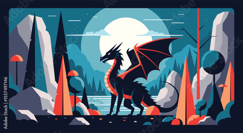 Majestic Dragon Creature Standing Proudly Under a Large Full Moon in a Pixelated Forest Landscape