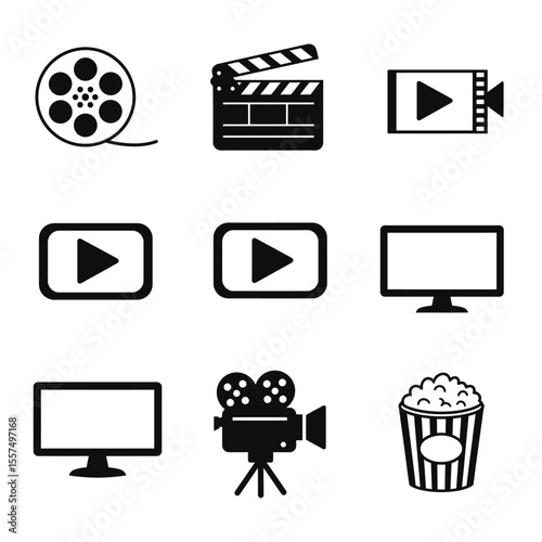 Minimal movie icons set featuring film reels, clapperboards, popcorn, 3D glasses, director chairs, and tickets — black and white line style, modern, flat vector design, suitable for UI or infographic 