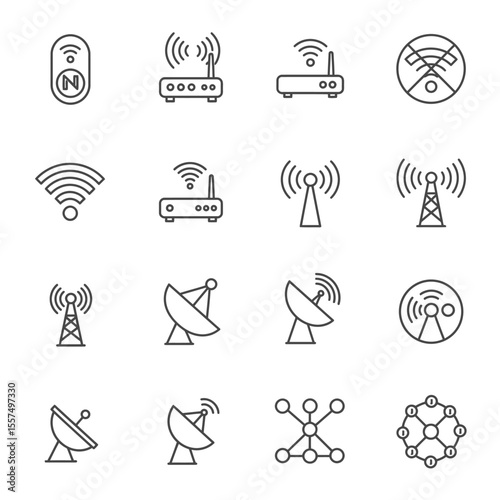 Minimal line icons of WiFi, router, satellite, network, and signal in a 3x3 grid on white background.