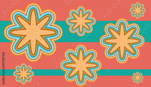 Retro flowers floating on a coral and turquoise background