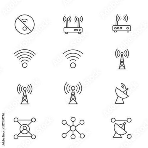 Minimal line icons of WiFi, router, satellite, network, and signal in a 3x3 grid on white background.