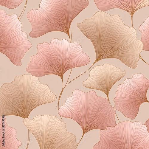 flat floral decorative pattern, stylized peony petals and ginkgo leaves in abstract linework, soft blush pink and beige tones, 2D ornamental layout, no shading, no depth, modern.