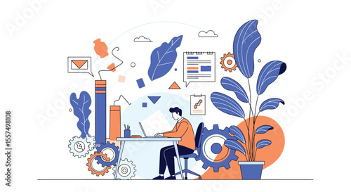Business analytics and financial reporting illustration with charts graphs and workflow elements showing business strategy development and data analysis