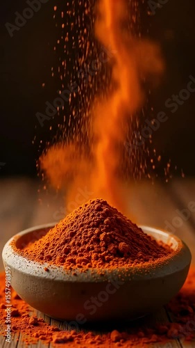 Vibrant turmeric powder gracefully falls into a ceramic bowl, creating a culinary scene perfect for showcasing spice use in cooking, flavoring dishes, and exploring traditional medicine.